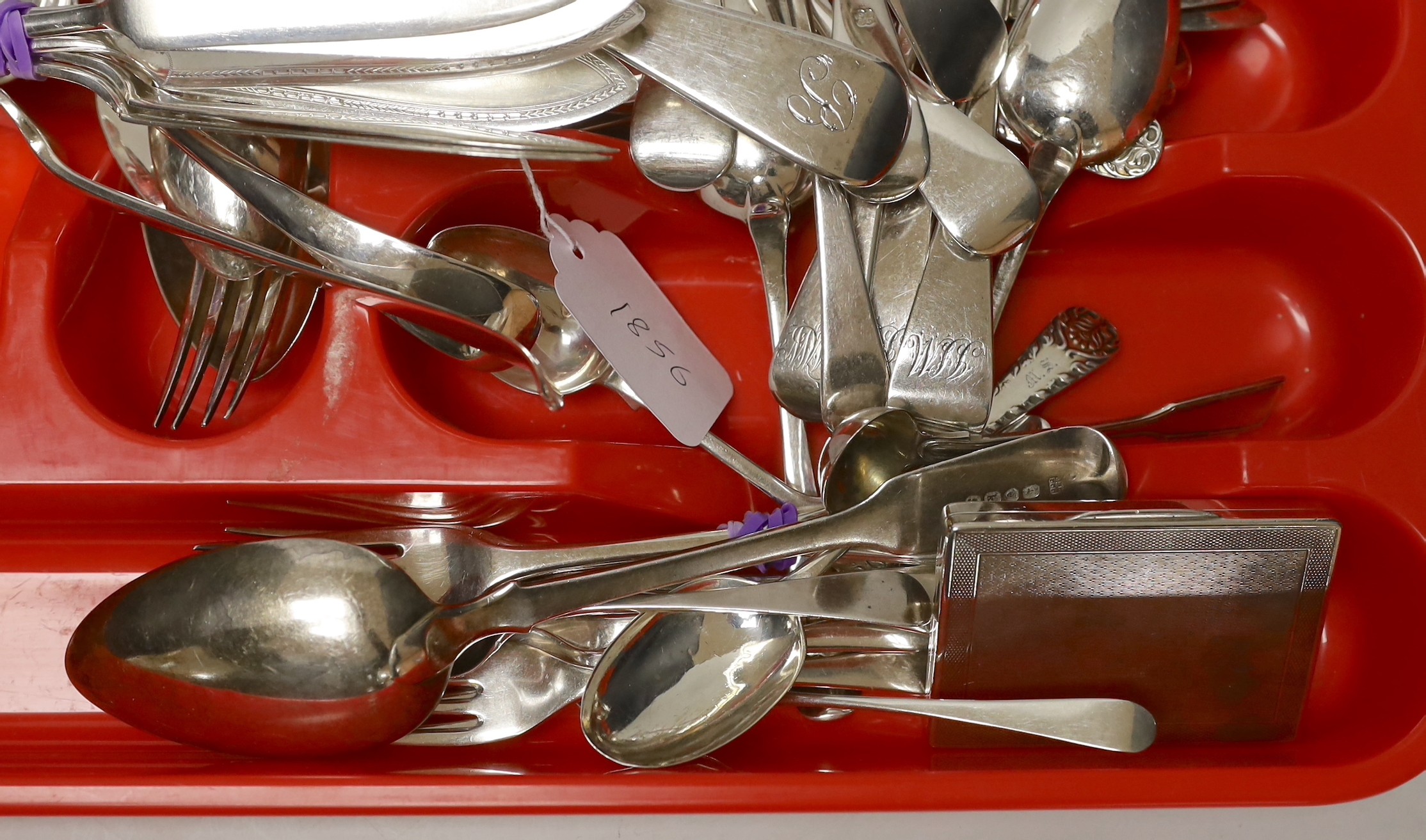 A large quantity of mixed silver cutlery, various dates, makers and patterns, including a George III silver basting spoon, a silver cigarette case and a small group of plated flatware.